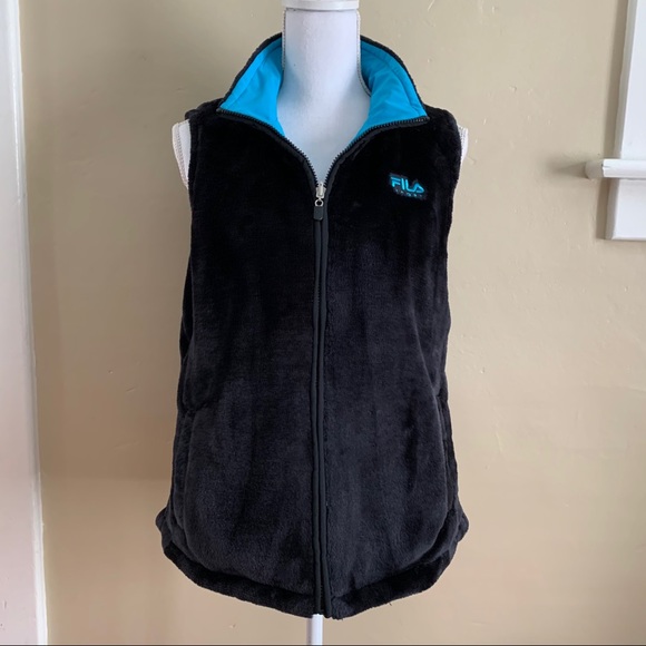FILA Vest Reversible Sport Blue & Black Faux Fur Outer Layer Large - Picture 1 of 14